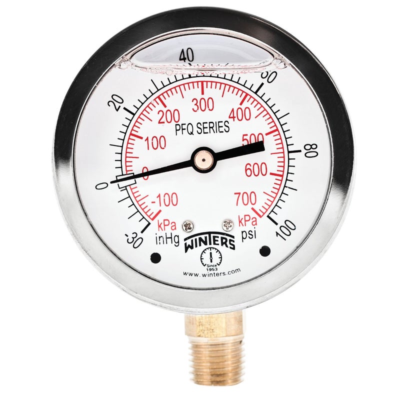 Winters 2-1/2" Dial Size, Liquid Filled Industrial Pressure Gauge, Brass Internals, Stainless Steel Case, Dual Scale 30" Hg-0-100 psi/kPa, 1.5% Acc, 1/4" NPT Bottom Mount, Pressure and Vacuum Gauge